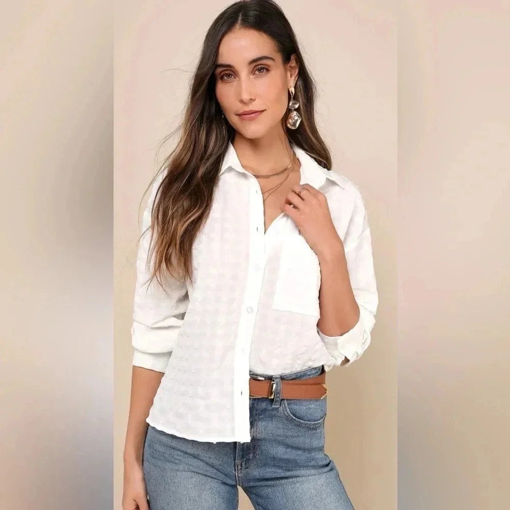 Lulus Ivory Textured Button Up Collared Top